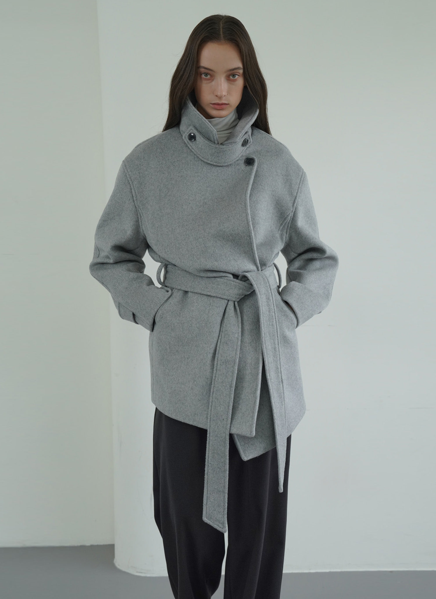High neck wool coat gray